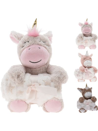 UNICORN PLUSH 25CM W BLANKET BROWN