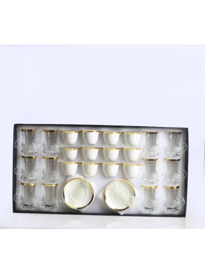 36pcs/set: 12 glass tea cups (150ml), 12 ceramic saucers (4.25"), 12 ceramic cawa cups (GLA25381)