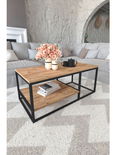 2 SHELVES METAL COFFE TABLE-PINE